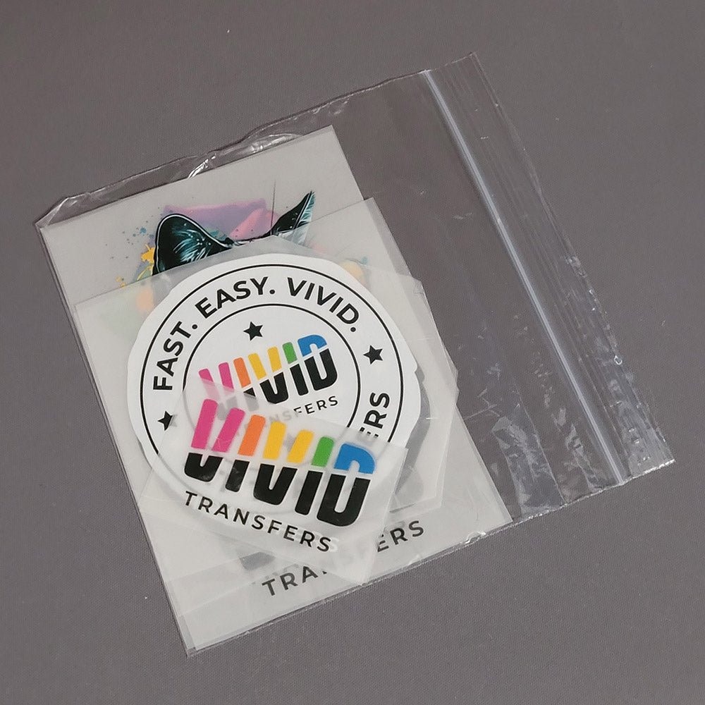 A range of DTF Transfers that come in a Vivid Transfers Sample pack all inside clear packaging