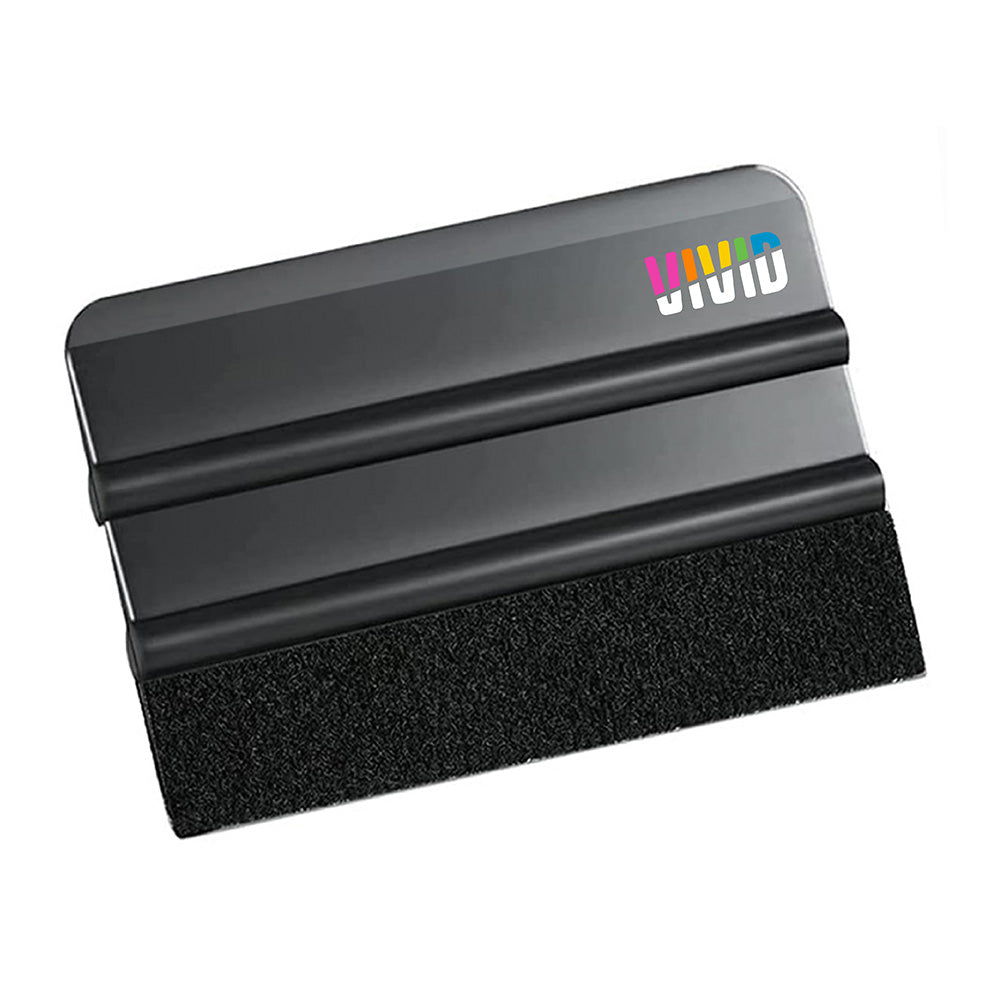 Black squeegee with colorful logo on a white background